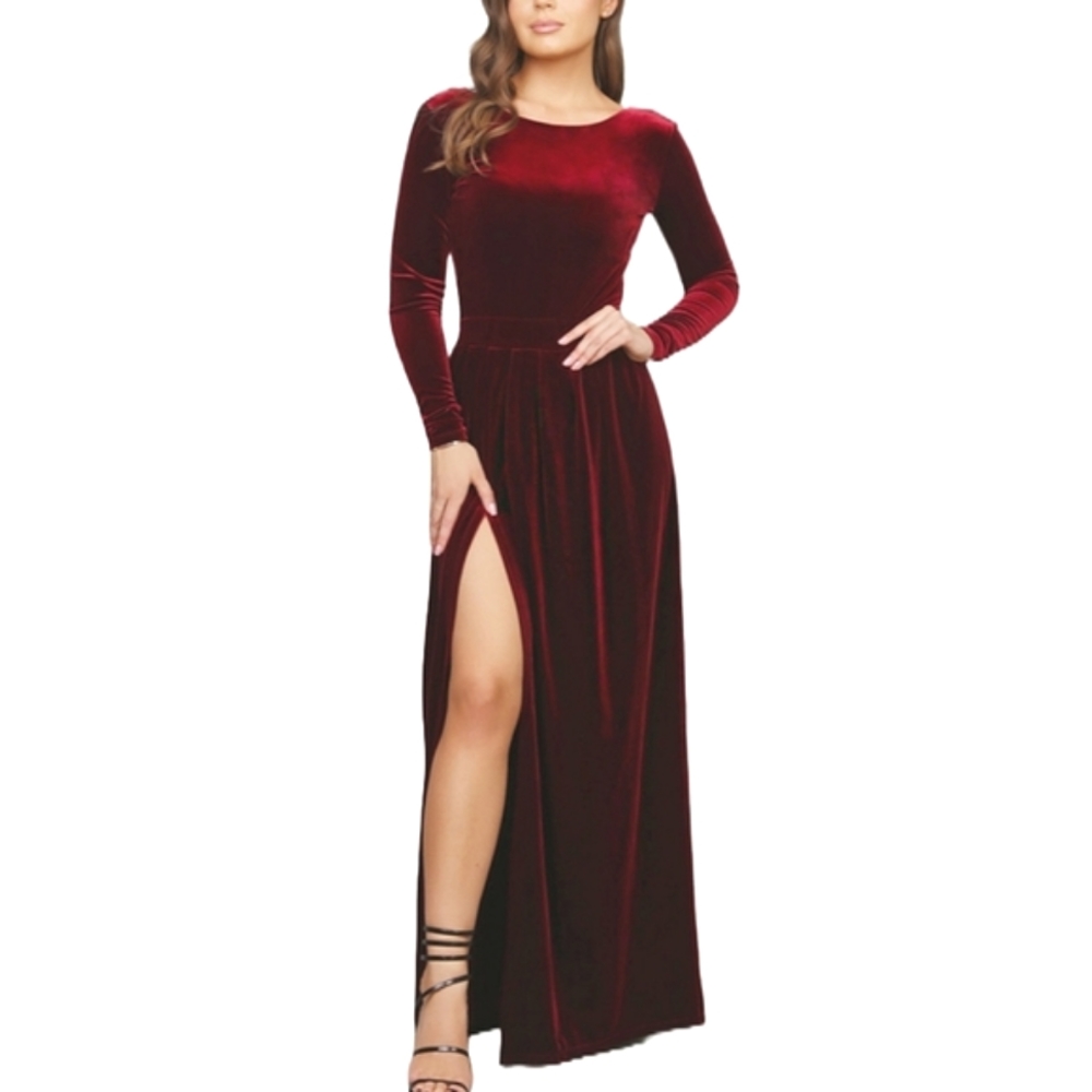 Velvet Dress Burgundy Maxi Gown Slit Long Sleeve Dress (S) Desir Couture